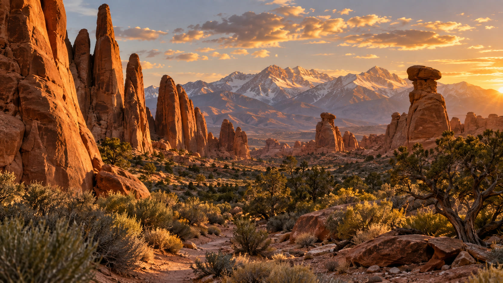Golden sunlight over red-rock spires and distant snow-capped mountains