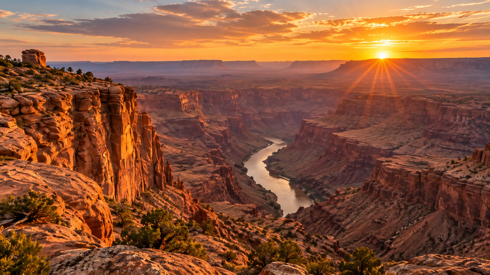Golden sunlight over a winding river deep in a red-rock canyon