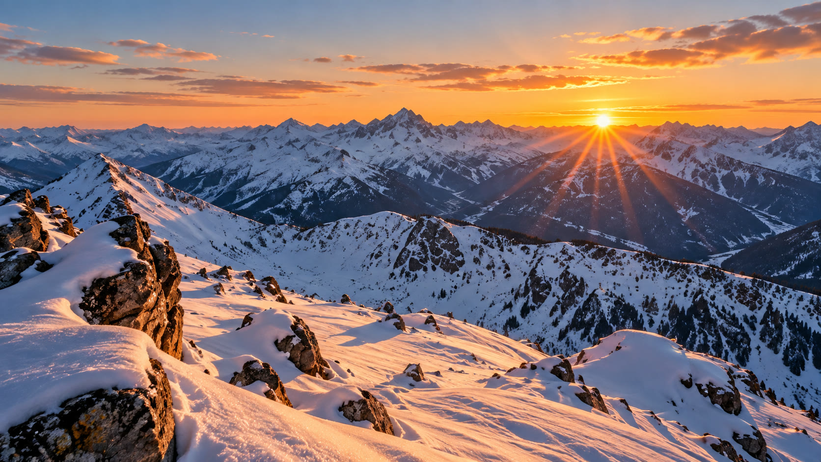 Sunrise across a range of snow-covered mountain peaks