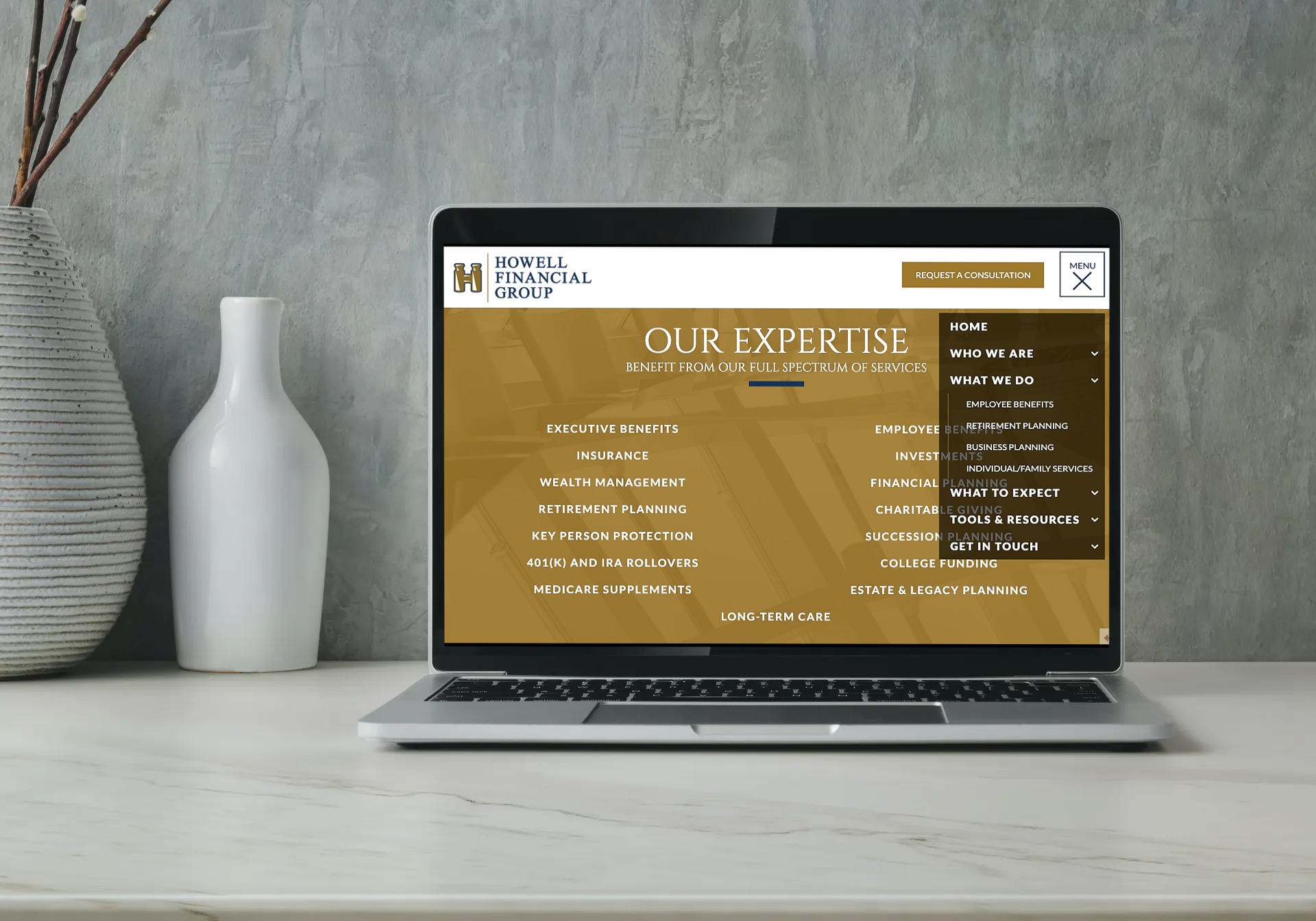 Strategic placement of key business owner services and a unique, easy to use menu, caters to Howell Financial's ideal clientele.