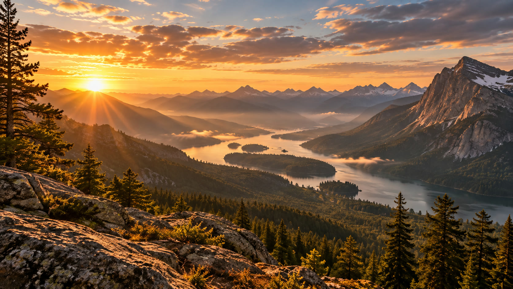 Sunrise across a mountain lake beneath a towering rocky peak
