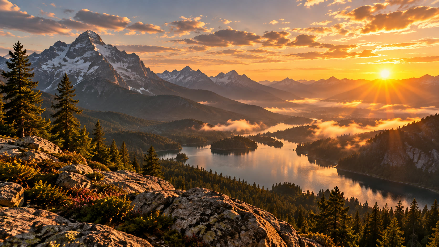 Sunrise over an alpine lake, forested slopes, and snow-capped mountain peaks