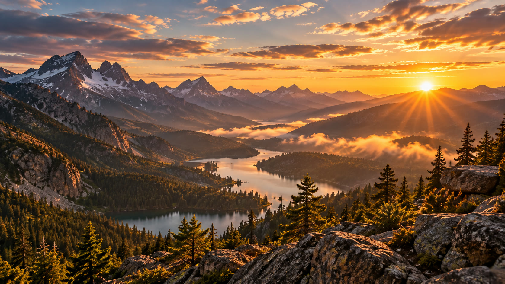 Golden sunlight over a forested alpine lake and mountain peaks
