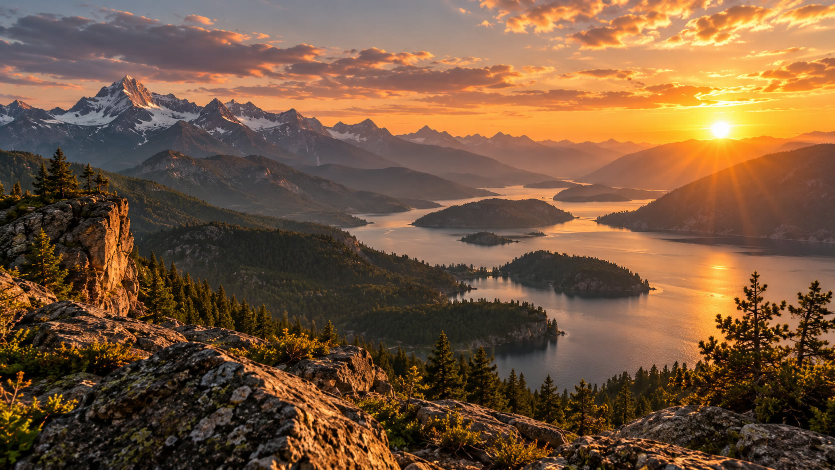 A broad mountain lake beneath a golden sky, framed by rocky overlooks