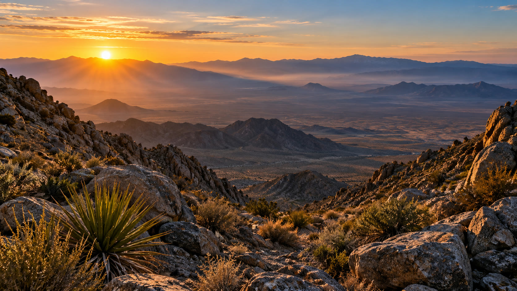 Sunrise over a rocky desert valley with distant layered mountains