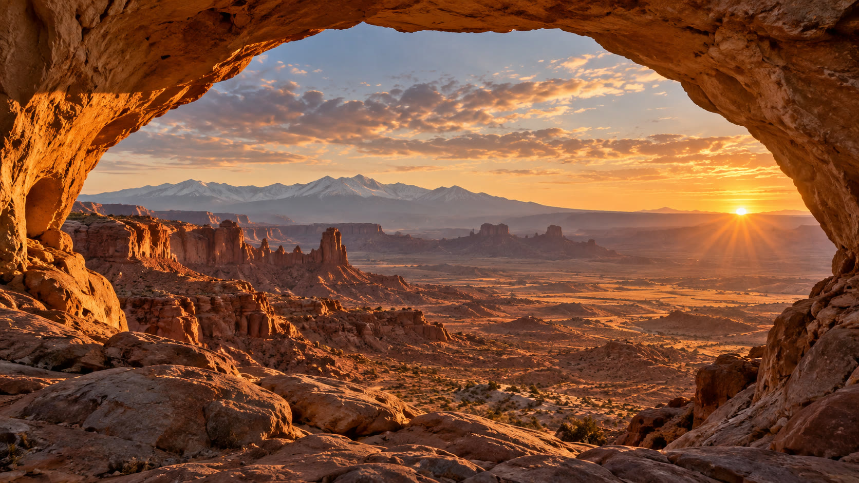 A sandstone arch framing a desert valley at sunset
