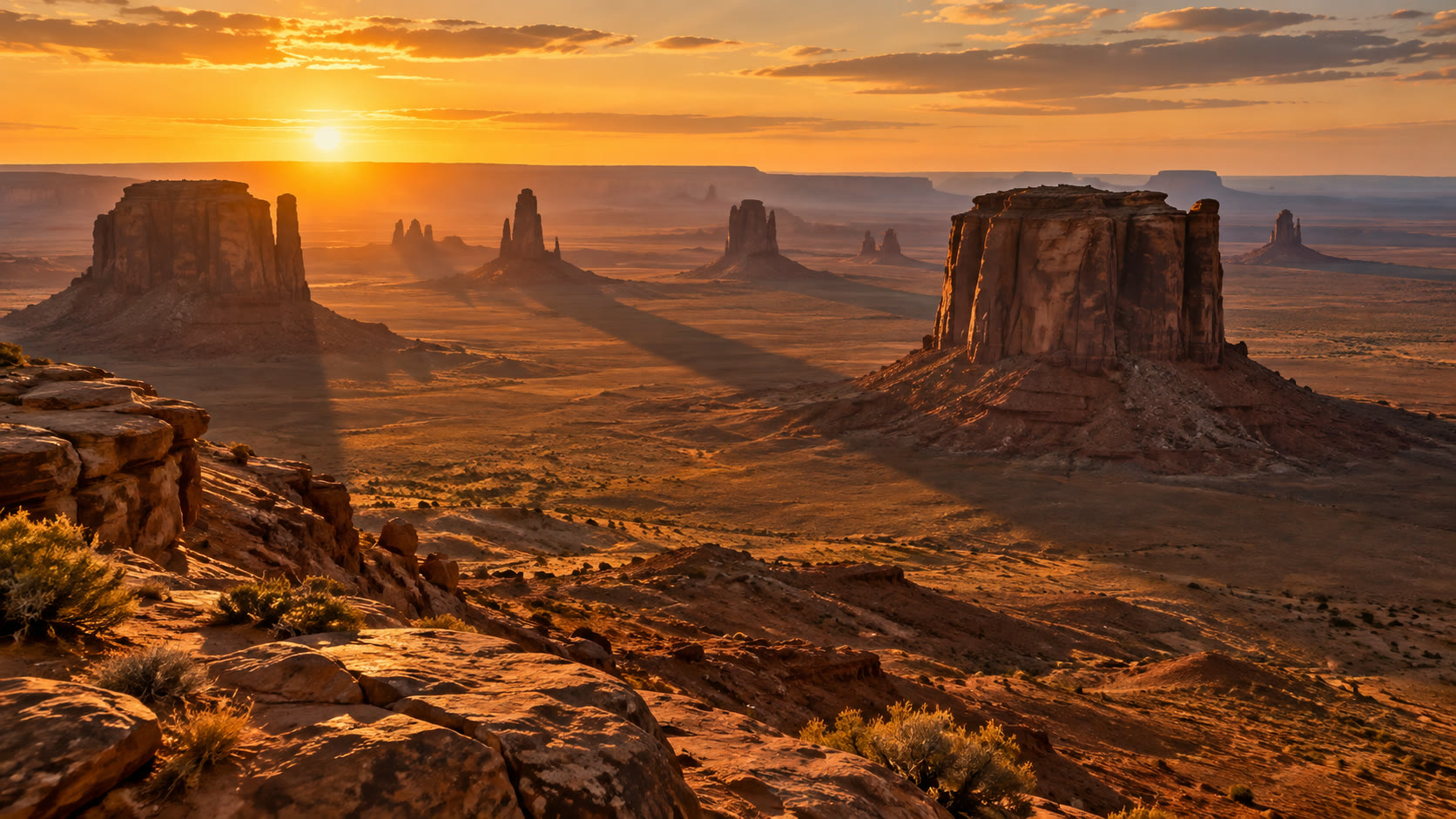 Golden sunlight across sandstone buttes and mesas