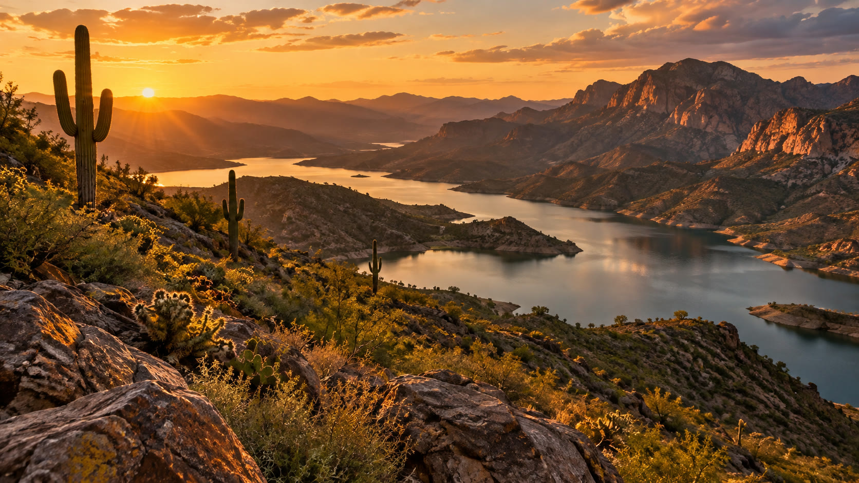 A lake winding through a cactus-lined desert valley at sunset