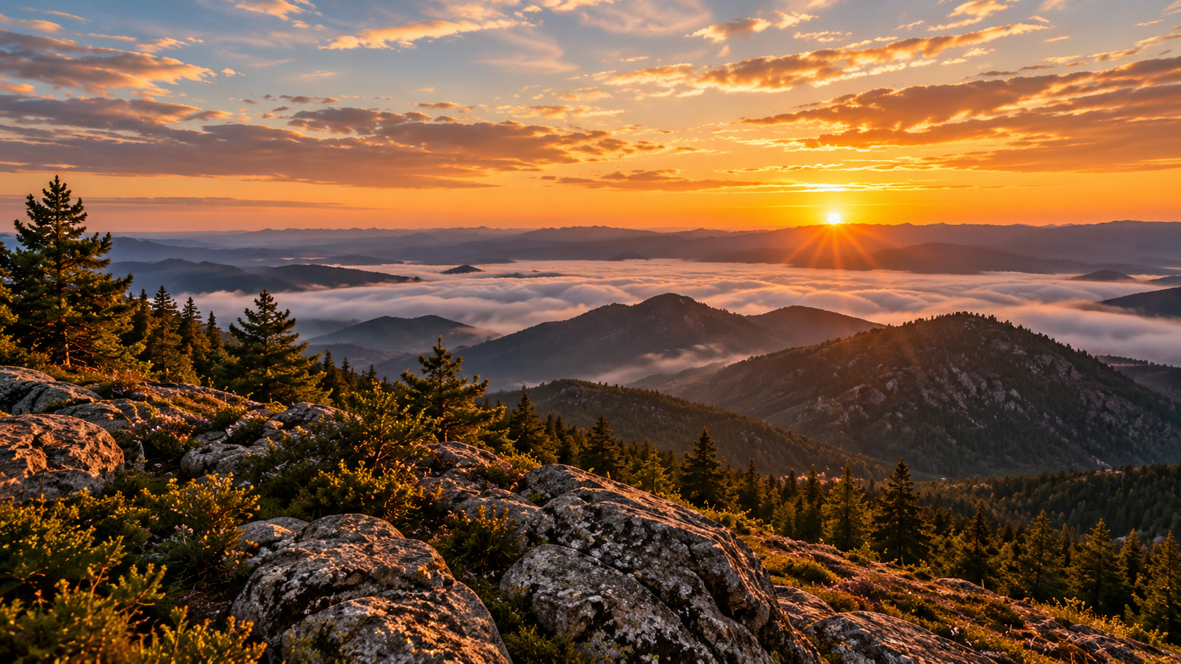 Sunrise above rocky mountain ridges and low clouds