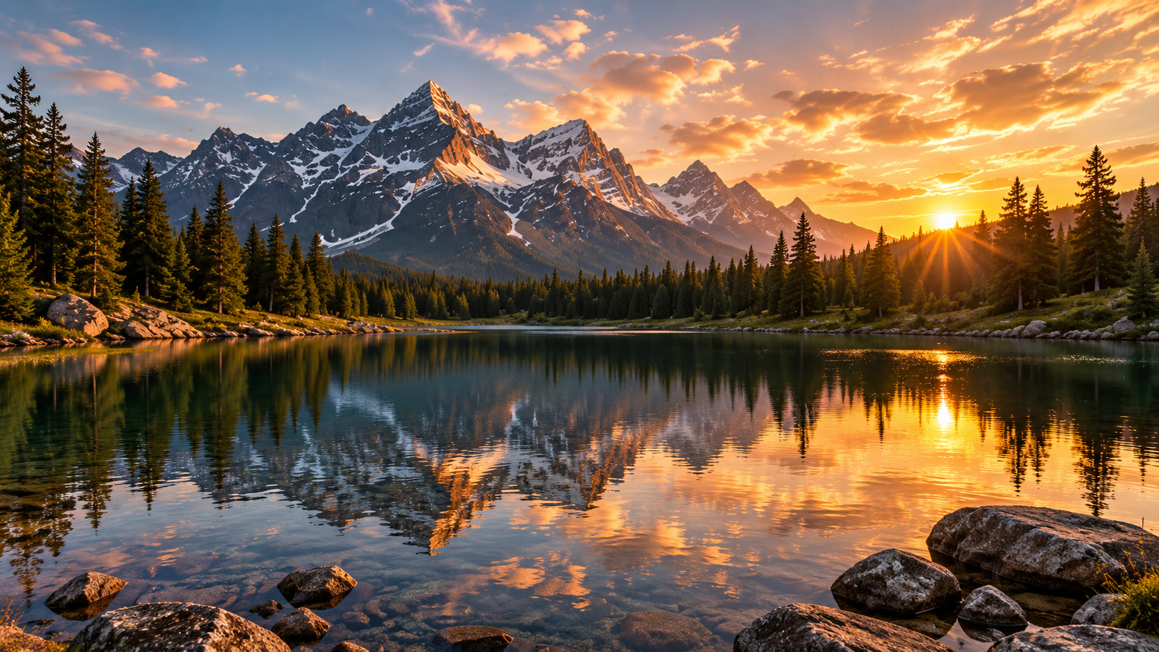 Snow-capped mountains reflected in a still alpine lake at sunrise