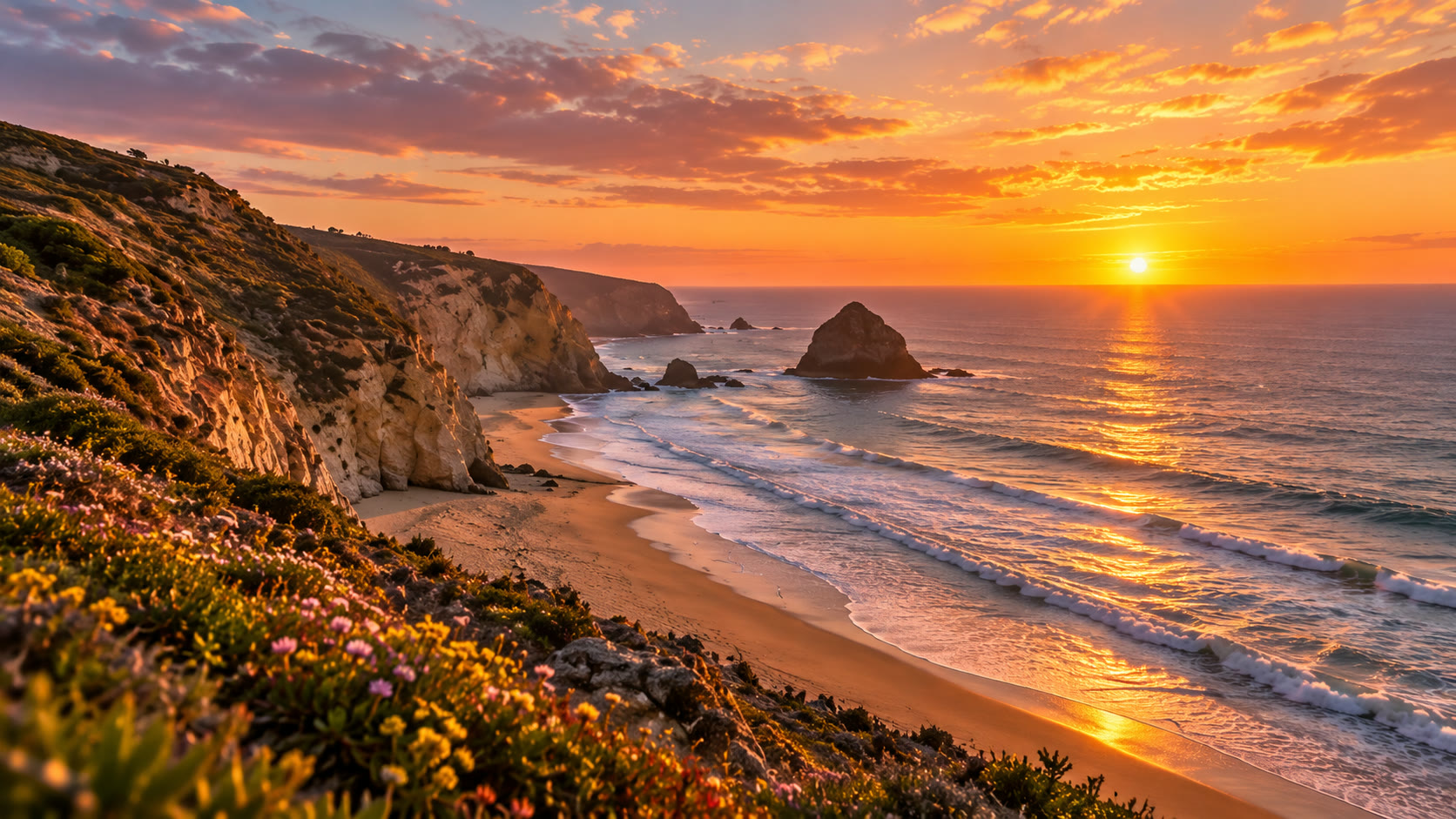 Sunset over coastal cliffs, a sandy beach, and the ocean