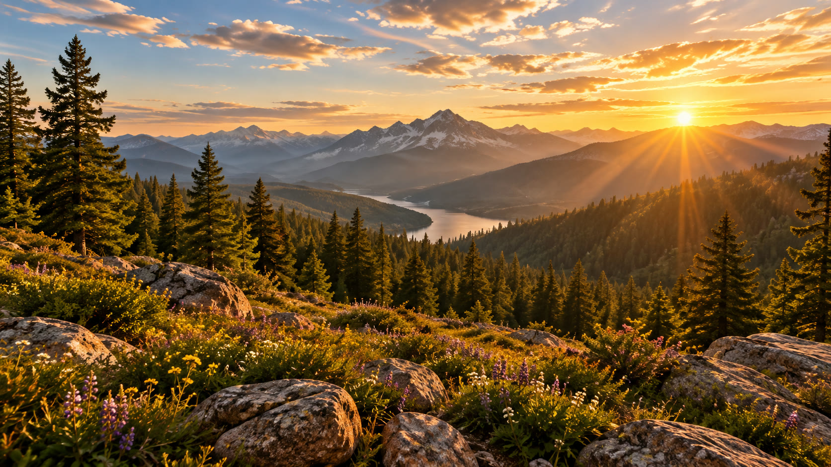 Sunrise over an evergreen valley, a lake, and distant mountain peaks