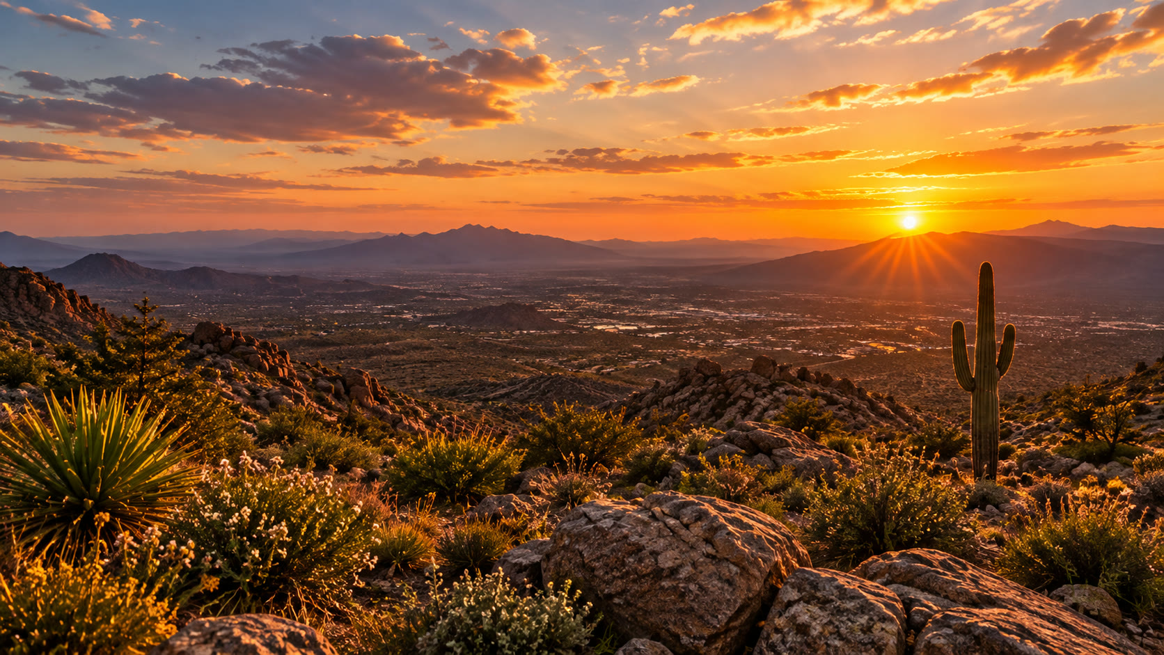 Sunset above a desert valley framed by rocks and tall cacti